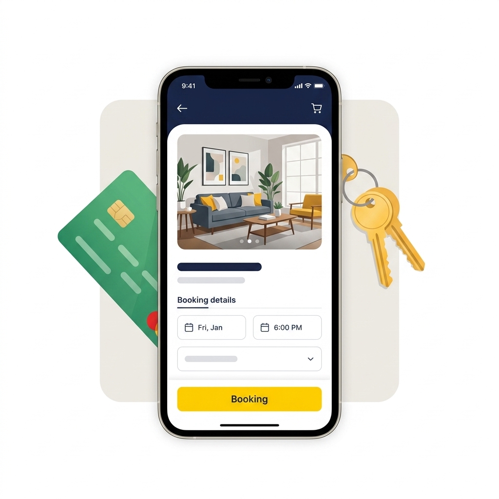 Yellowand platform — phone mockup showing booking interface with payment card and keys